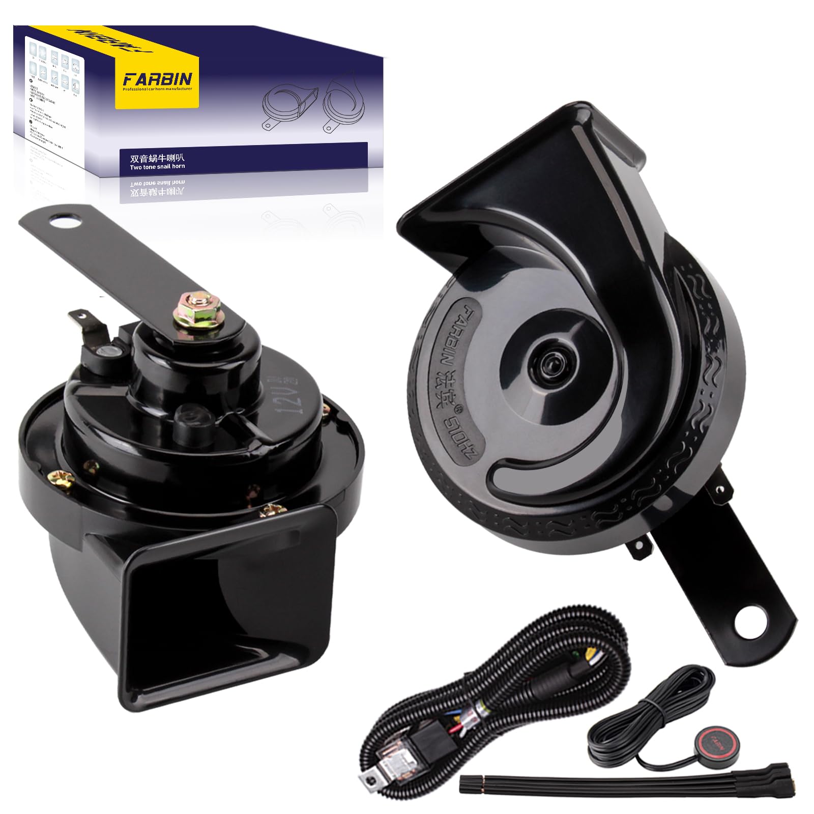  FARBIN Loud 12V Car Horn for Truck - Waterproof Electric Snail Horn Kit with Wiring Harness Button, Perfect for Any 12V